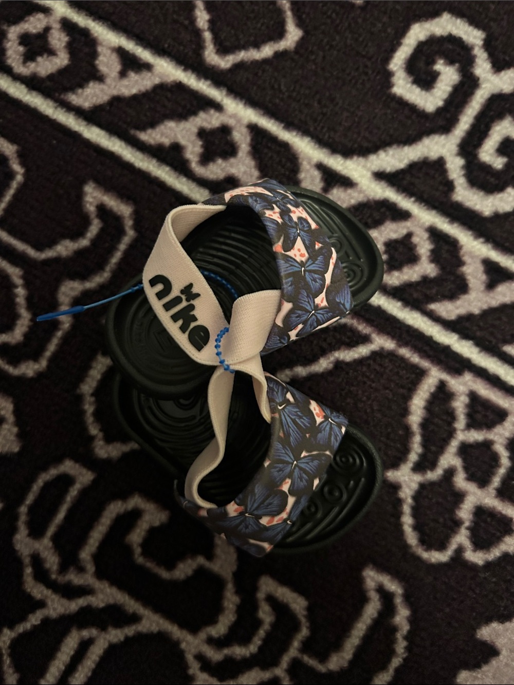 Nike Kids Floral Strap Slide Sandals - Black, Beige & Blue